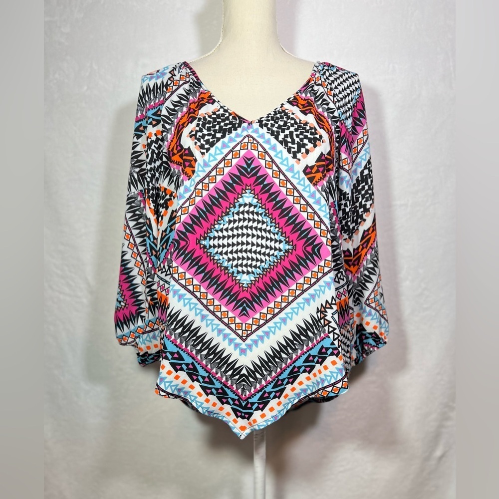 HeartSoul Aztec Print Blouse V-Neck Pink Teal Black White Southwestern Top L